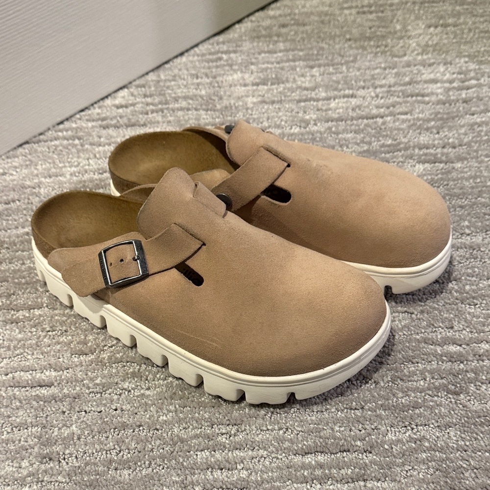 Papillio Taupe Suede Clog Mules with White Platform Sole